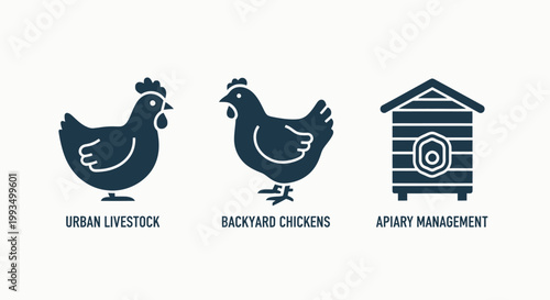 Urban livestock backyard chickens apiary management system icons with small farm animal care smart farming bee farm honey bee chickens agriculture livestock beekeeping management suburban