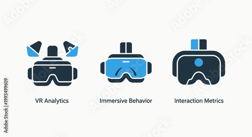 Virtual reality (vr) analytics immersive behavior interaction metrics icons vr headset augmented reality mixed reality user experience analytics vr headset virtual world metaverse