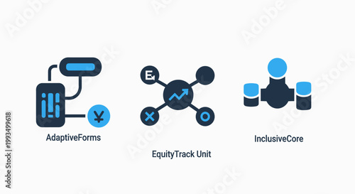 Financial technology and data management icons representing adaptive systems equity tracking extended core solutions data flow financial technology management adaptive tracking solution