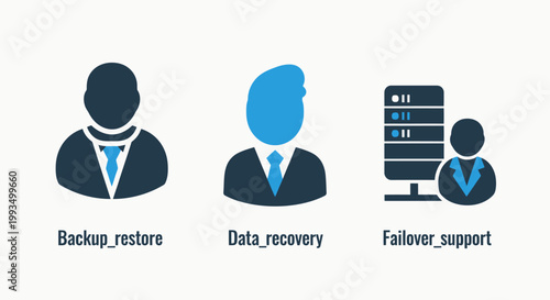 Professional it infrastructure service icons representing system backup restore procedures data recovery solutions and failover support management for corporate business networking with recovery