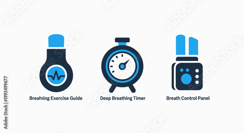 Specialized breathing health monitor icons including deep breathing timer device breath control panel interface and breathing exercise guide for respiratory wellness and meditation with breathing
