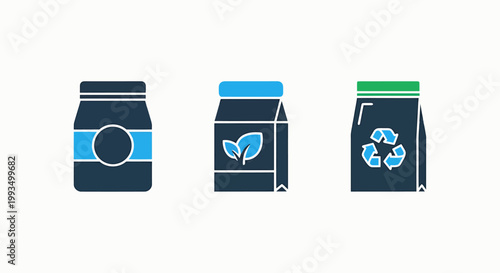 Sustainable eco friendly packaging icons depicting recyclable jars and containers with organic leaf symbols for environmental conservation and green product manufacturing branding packaging friendly