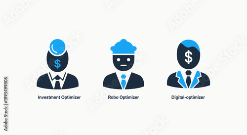 Professional business avatars for specialized roles including investment optimizer and digital financial expert icons in flat minimalist style with business professional management investment