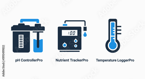 Collection of blue and black flat design icons representing technical monitoring devices including a p h controller nutrient tracker temperature logger for laboratory or hydroponic use nutrient