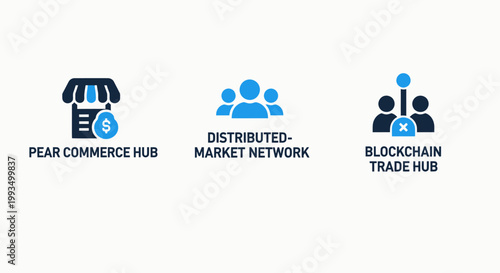 Fintech and blockchain commerce icons for peer-to-peer market networks and distributed trading hub systems with commerce blockchain distributed decentralized business transaction exchange
