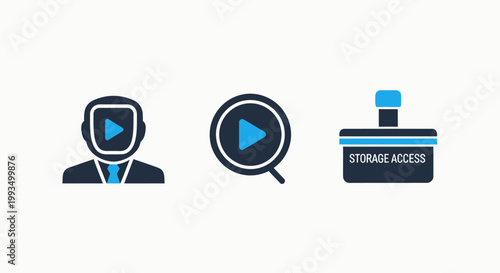 Digital content management icons for access media search and secured storage access functions with management multimedia technology security discovery interface software application streaming