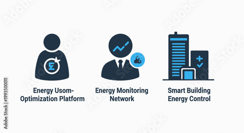Energy usage optimization and monitoring network icon set representing smart building energy control and efficiency solutions with optimization monitoring building efficiency platform management