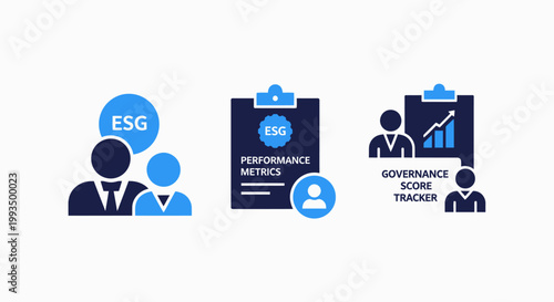 Esg performance metrics and governance score tracker icon set for corporate sustainability and business responsibility reporting with governance performance corporate business sustainability