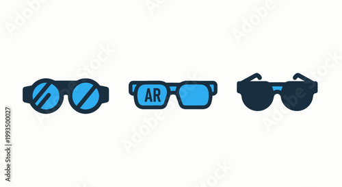 Set of three futuristic eyewear and augmented reality headset icons in blue and dark gray with augmented technology futuristic innovation interface internet business visionary abstract