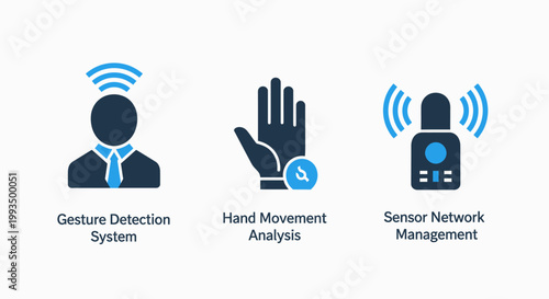 Set of blue and black icons illustrating gesture detection system hand movement analysis sensor network management technology detection movement analysis management technology interface