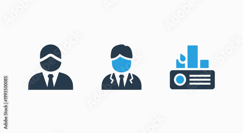 Business icons representing users and analytics data visualization with people figures and a bar chart projector business analytics visualization statistics reporting management performance