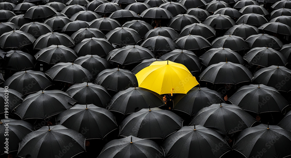 Obraz premium Stand Out From The Crowd Yellow Umbrella Concept