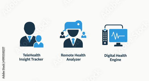 Telehealth insights and digital health monitoring vector icon set with telehealth analyzer tracking technology healthcare diagnostic software analysis business consultation medicine