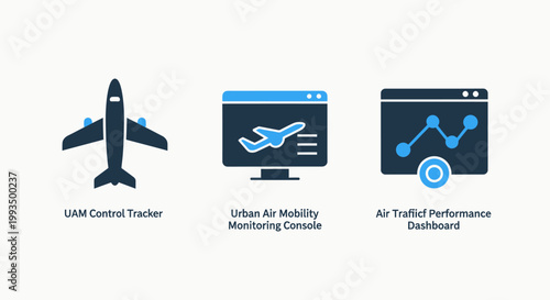 Aviation tracking and air traffic performance dashboard icons with aviation tracking performance dashboard monitoring airplane logistics transportation analysis technology software business