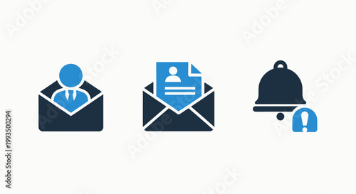 Communication and management icon set featuring business user email and alert notification communication business management envelope security information technology interface