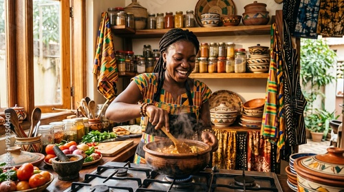 Joyful young Black woman cooking traditional West African meal in a vibrant kitchen. Warm natural light, colorful spices, and handmade ceramics celebrate cultural heritage and authentic culinary art.
