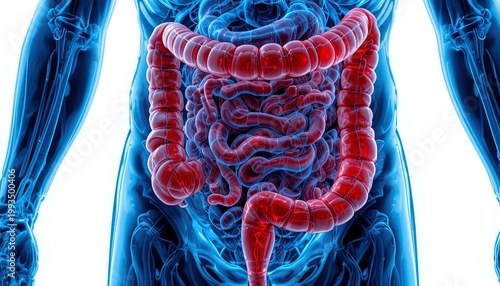 Human digestive system highlights the large and small intestines in a clinical visualization.