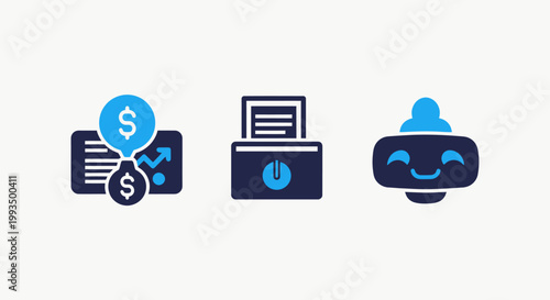 Set of business and technology icons showing financial reporting document processing and automated system interaction with business technology reporting documents automation management financial