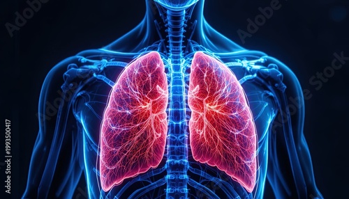 Human respiratory system visualization shows glowing red lungs within a blue skeletal structure.