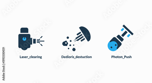 Set of medical technology icons representing laser cleaning bacteria destruction and photon mask with cleaning bacteria destruction technology healthcare equipment sterilization clinical