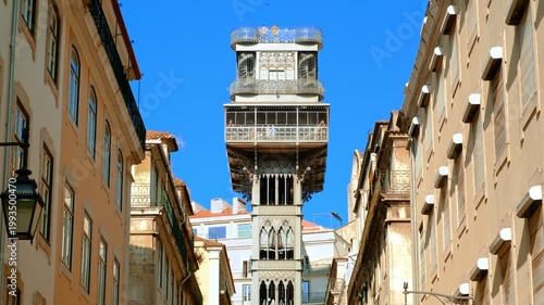 Historic Santa Justa elevator in downtown, Lisbon, Portugal on sunny
