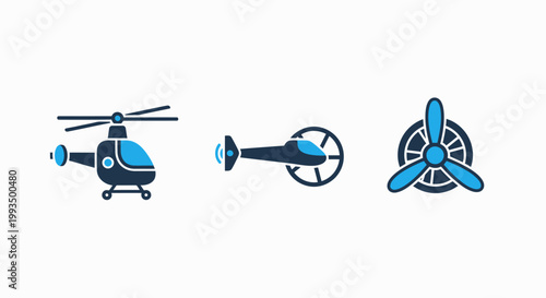 Helicopter and aircraft propeller icon set with helicopter aircraft propeller aviation transport aerospace transportation technology graphics minimalist navigation engineering mechanical