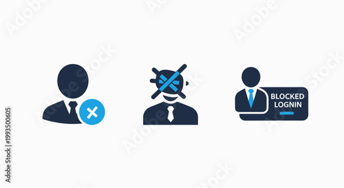 User account status icons set including user blocked and access denied concepts with security prohibited restricted permission cybersecurity protection authentication interface business