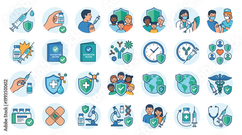 Illustrations representing healthcare, vaccination, public health, and community protection