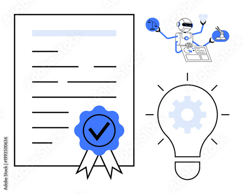 Certification processes, technological innovation, artificial intelligence, research, robotics, technological advancements. A certificate, light bulb and robot conducting research. Certification