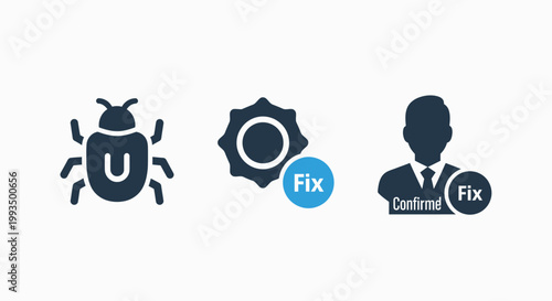 Software bug fix and user configuration icons with software development configuration troubleshooting maintenance programming management interface technical debugging optimization computer