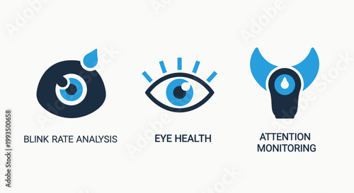 Eye health and attention monitoring icon set with attention monitoring analysis biometric tracking technology interface optometry software clinical research measurement information