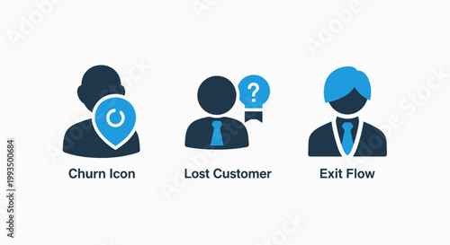 Business customer retention and churn rate analysis icon set with customer business retention analytics marketing management strategy feedback optimization corporate performance software