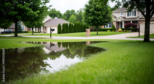 Large Water Puddle on Green Grass in Suburban Street