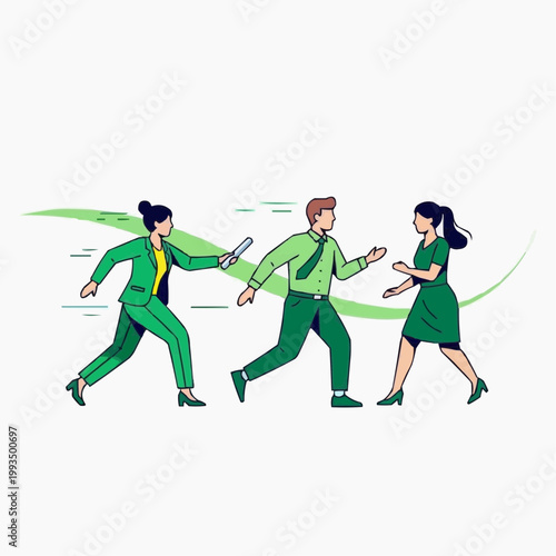 A vector graphic illustration of three business people in green attire running in a line with a green swoosh behind them