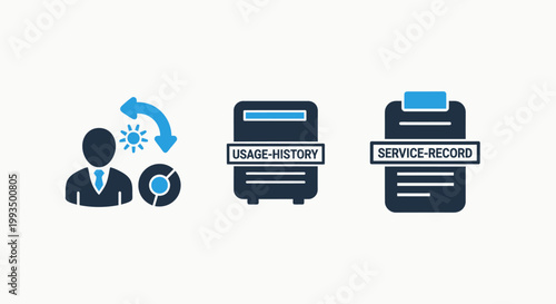 Corporate user management and service history icons with management corporate business personnel administration tracking information activity documentation workflow employee customer