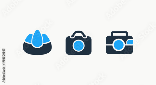 Minimalist icon set representing camera photography and imaging concepts with photography equipment snapshot creative professional infographic template recording viewfinder pictogram