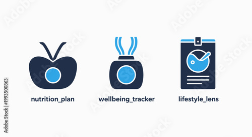 Health and nutrition planning and wellbeing tracking icons with nutrition wellbeing lifestyle wellness analysis measurement exercise application software statistics personal progress