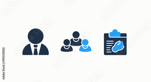 Business icon set showing leadership team and document review with business management leadership corporate documents contract strategy professional administration collaboration resources