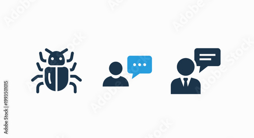 Software debugging and business communication icons set with debugging software communication business development technology feedback solution corporate dialogue conversation programming