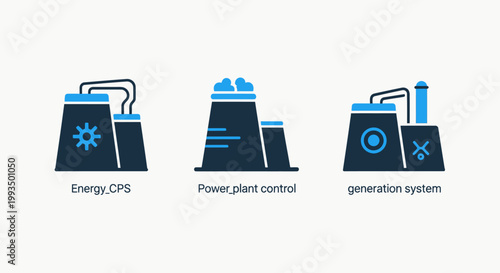 Industrial power plant and energy generation icons set with energy efficiency industrial process energy production power supply generation industrial electricity renewable technology resource