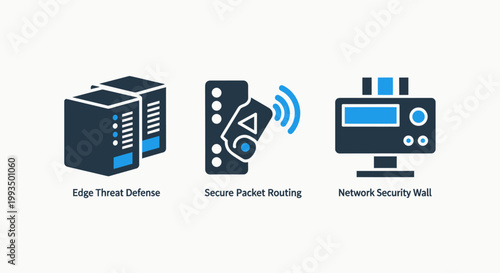 Data center infrastructure and network routing icons set with data processing infrastructure connectivity technology security communication hardware internet wireless computer information