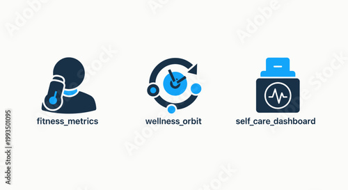 Set of personal health and wellness tracking icons with wellness dashboard tracking exercise technology interface lifestyle application software monitoring business information analysis