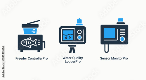 Set of technical equipment and monitoring icons with equipment technical technology measurement interface business analysis industry automation hardware application software management