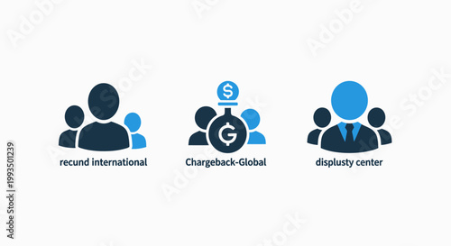 Collection of abstract business icons describing team structure and financial transaction management with business management chargeback transaction dispatch corporate administration workforce