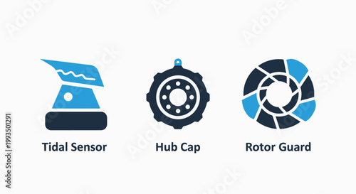 Set of technical icons including tidal sensor hub cap and rotor guard with mechanical engineering hardware components illustration industrial technology machinery equipment technical
