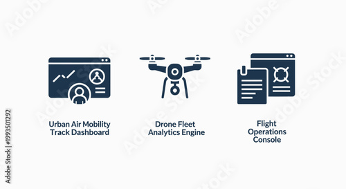 Icon set featuring urban air mobility tracking and drone fleet analysis dashboard mobility analysis dashboard operations technology navigation tracking surveillance management software