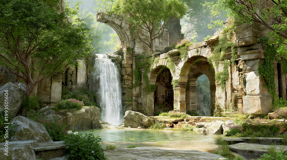 Fototapeta premium Enchanted forest ruins with a cascading waterfall and stone arches surrounded by lush greenery, peaceful fantasy landscape with clear water pond.