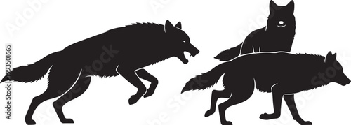 Black wolf pack, silhouette icons, wild animal graphics, vector wolves