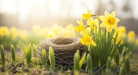 Empty Bird Nest and Yellow Daffodils in Soft Sunlight photo image