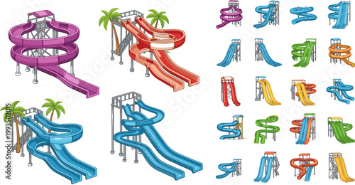 Colorful Isometric Water Park Slide Spiral Twist and Straight Pool Attraction Vector Illustration Set for Summer Recreation Design